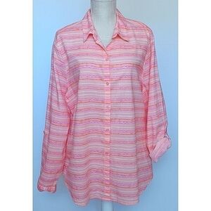 Kim Rogers Women's Size XL Linen Blend Button Front Blouse w/Roll Tab Sleeves